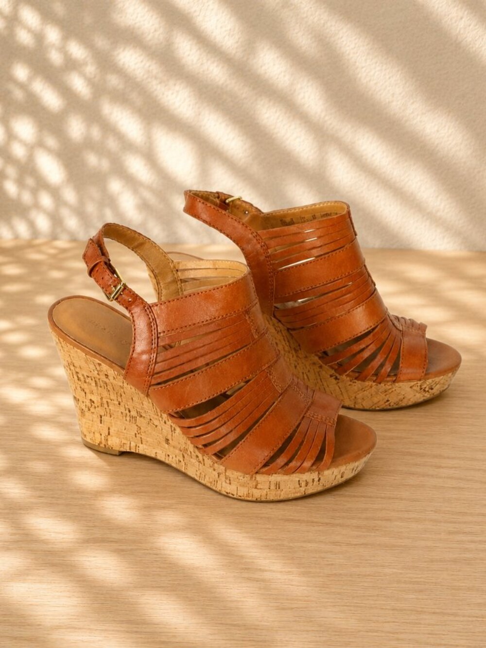 Franco Sarto Sharp Cognac Leather Cork Wedge Sandals Strappy Platform 10M